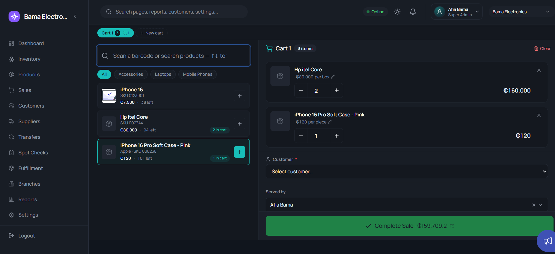 Nexstock point of sale — scan or search products, build a cart and complete the sale, with live stock counts per item